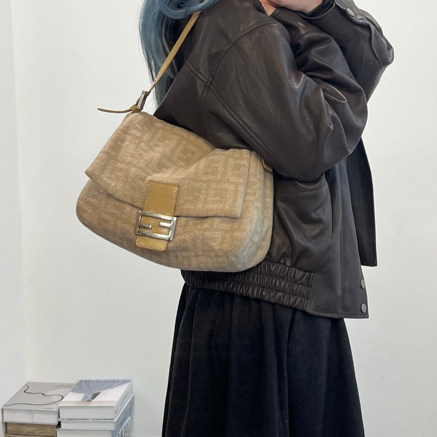 Fendi Baguette Large Beige Wool Zucca Shoulder Bag [Used]