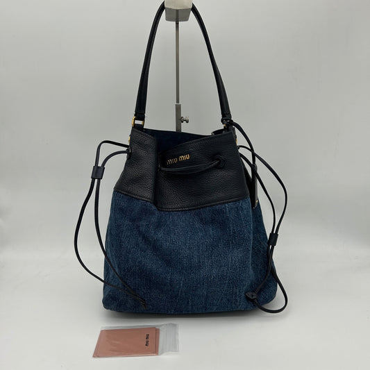 Miu Miu Denim Leather Drawstring Bucket Shoulder Bag [Used]