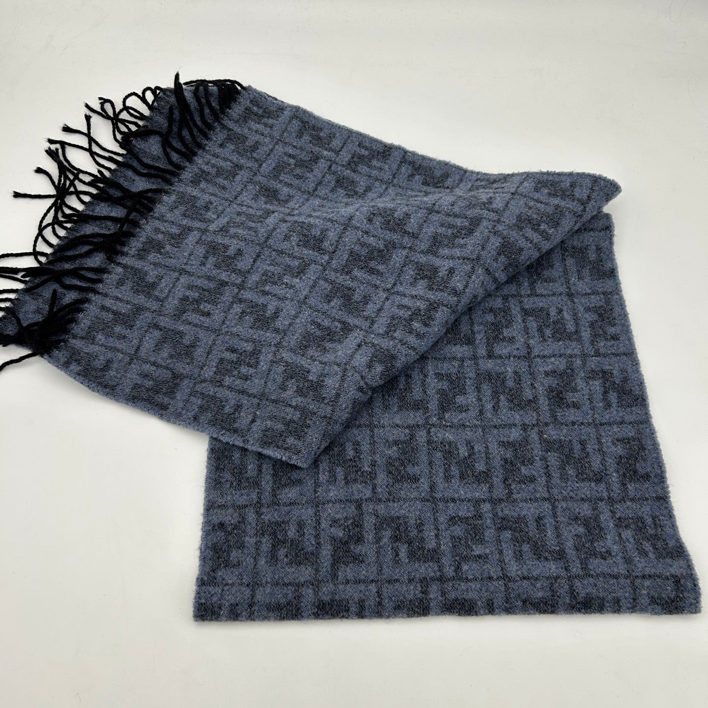 Fendi Blue Grey FF Monogram Wool Scarf [Used]