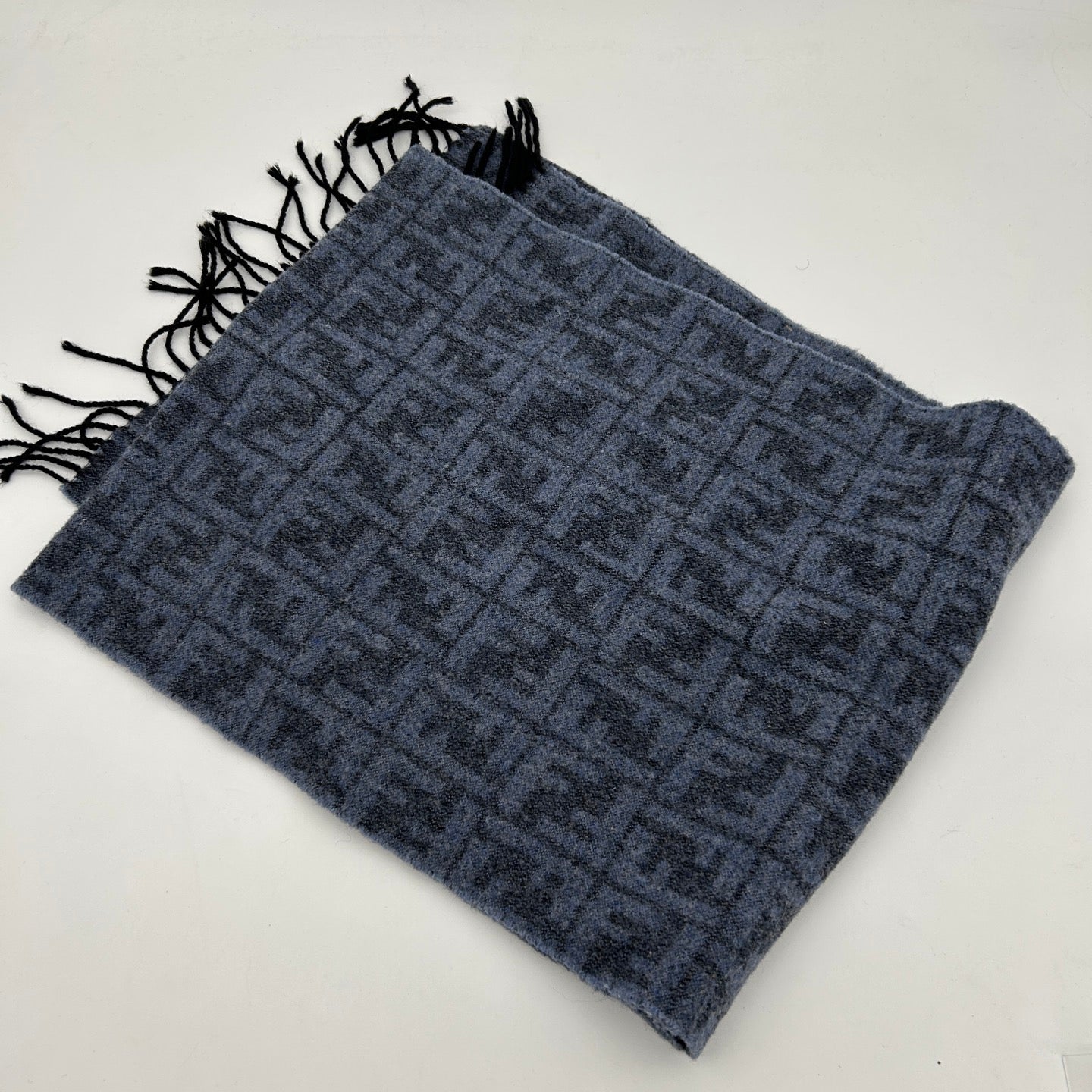 Fendi Blue Grey FF Monogram Wool Scarf [Used]