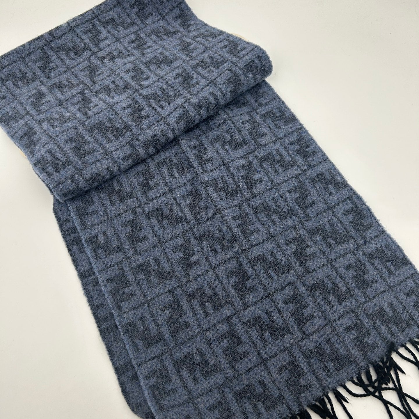 Fendi Blue Grey FF Monogram Wool Scarf [Used]