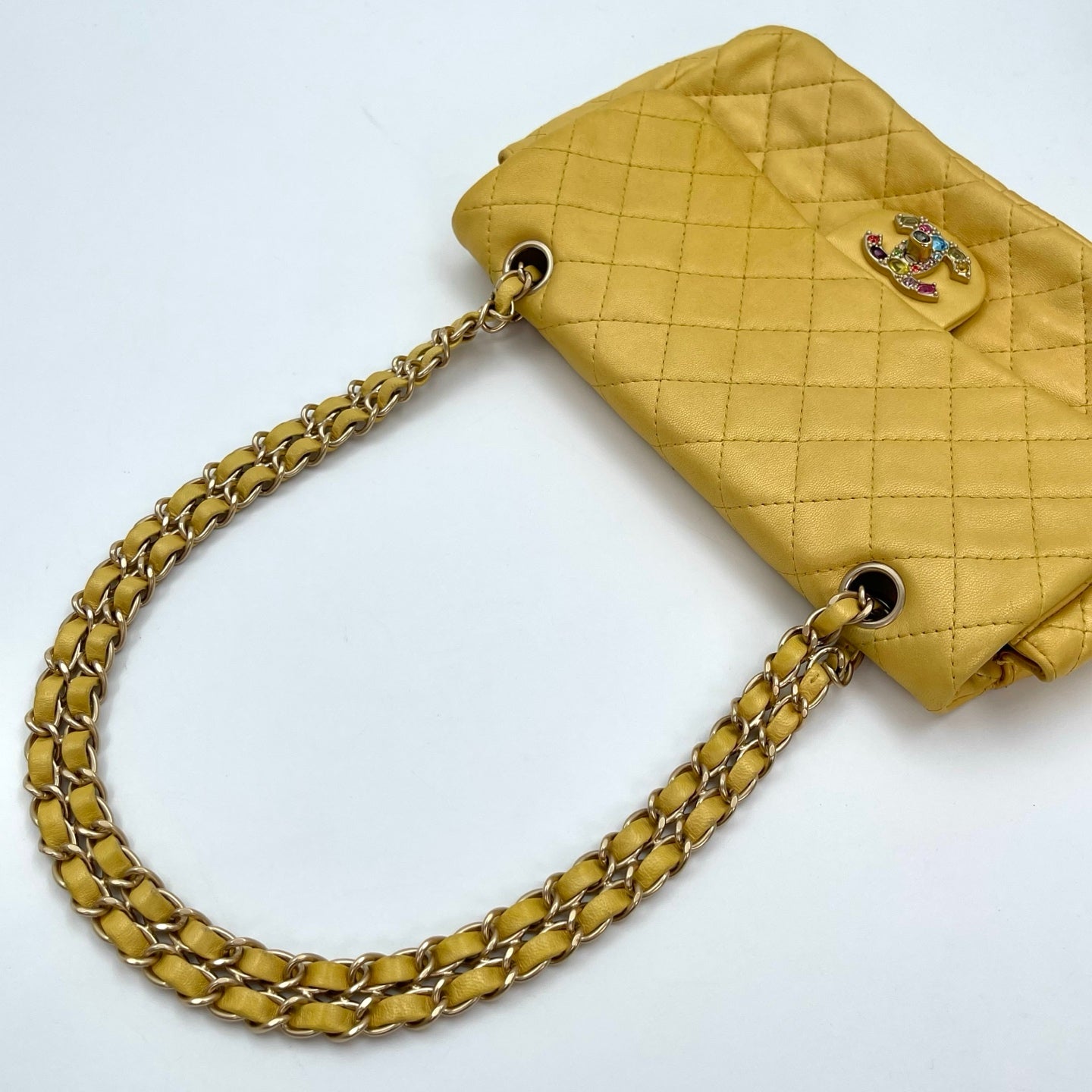 Chanel Pearl Gold Chain Lambskin Multicolor Glass CC Flap Shoulder Bag [Used]