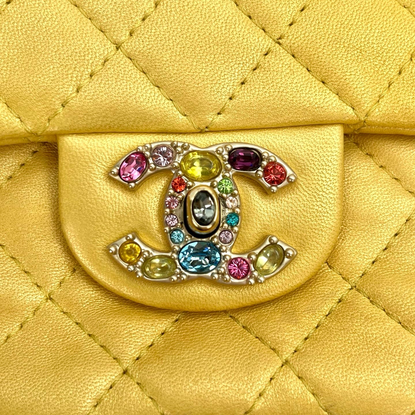 Chanel Pearl Gold Chain Lambskin Multicolor Glass CC Flap Shoulder Bag [Used]