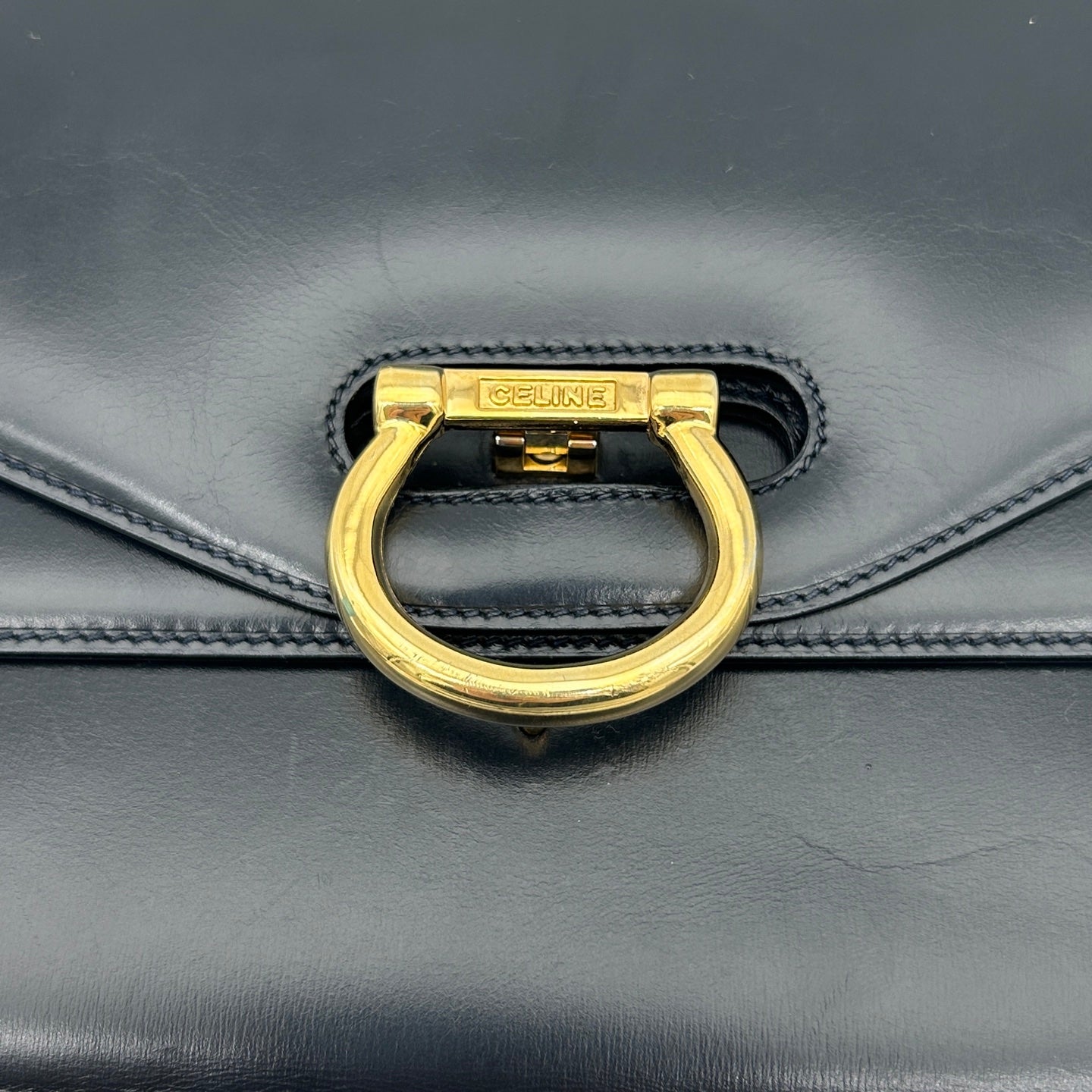 Celine Twin Ring Kelly Top Handle Bag Black Leather Gold Hardware [Used]
