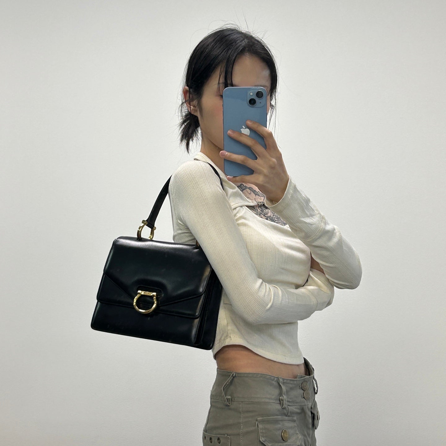 Celine Twin Ring Kelly Top Handle Bag Black Leather Gold Hardware [Used]