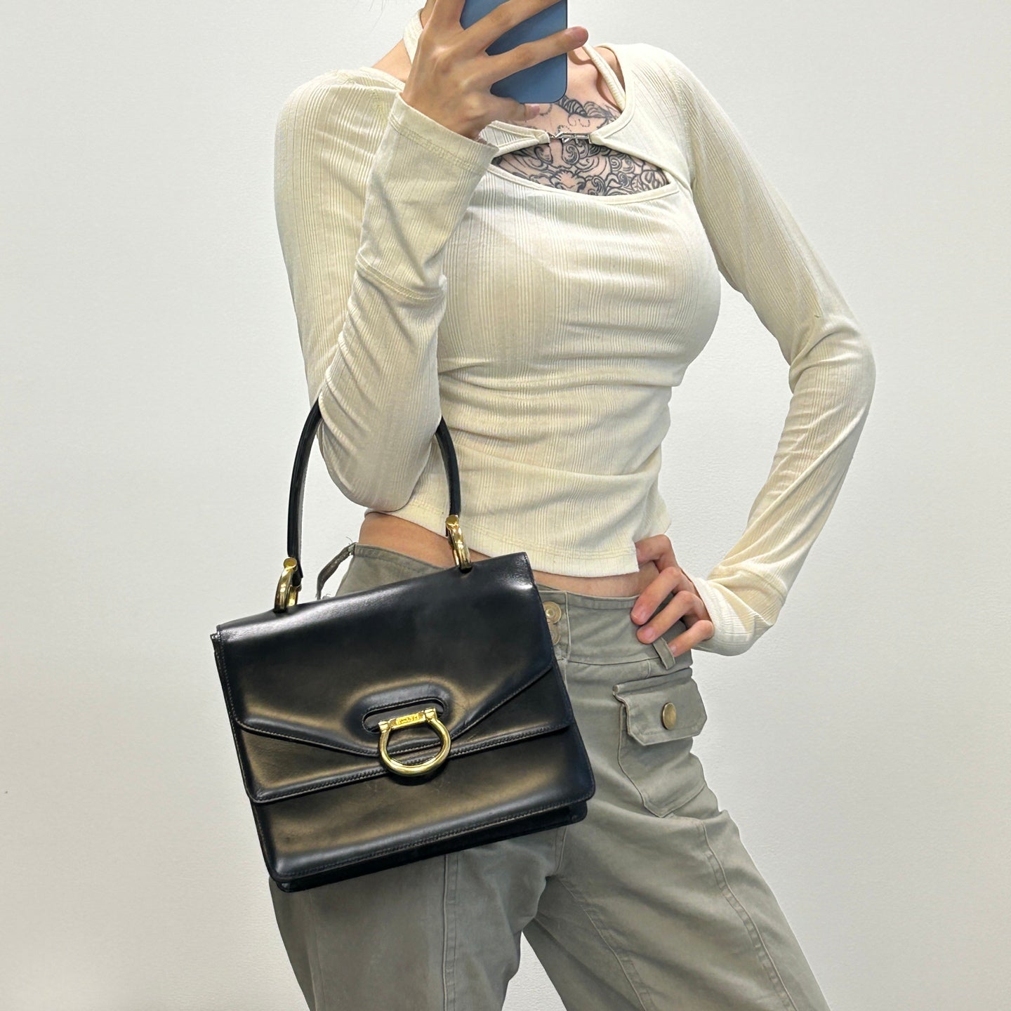 Celine Twin Ring Kelly Top Handle Bag Black Leather Gold Hardware [Used]