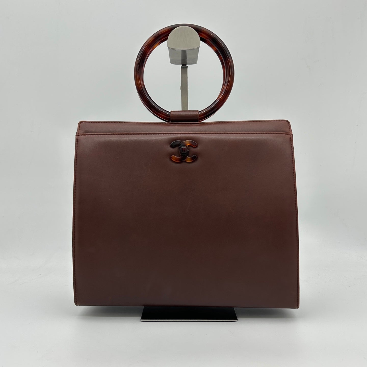 Chanel Vintage Brown Lambskin Tortoiseshell Ring Handle Tote Bag [Used]