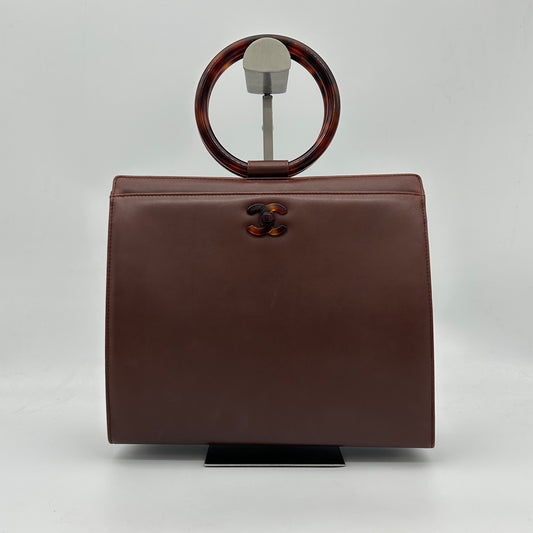 Chanel Vintage Brown Lambskin Tortoiseshell Ring Handle Tote Bag [Used]