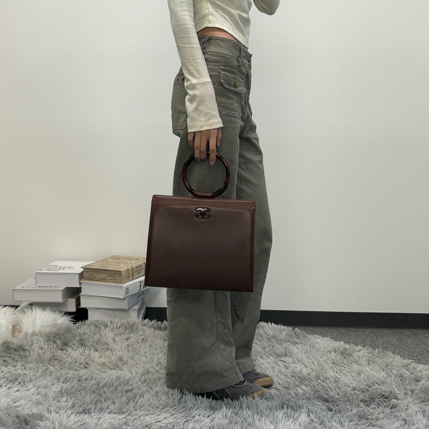 Chanel Vintage Brown Lambskin Tortoiseshell Ring Handle Tote Bag [Used]