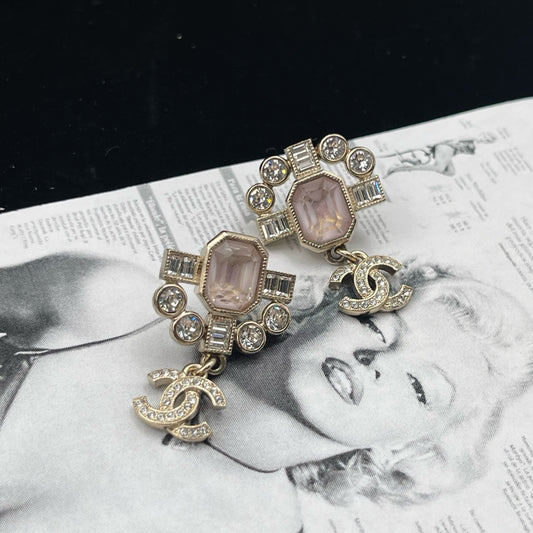 Chanel Light Gold Pink Rhinestone Asymmetrical CC Drop Earrings [Used]