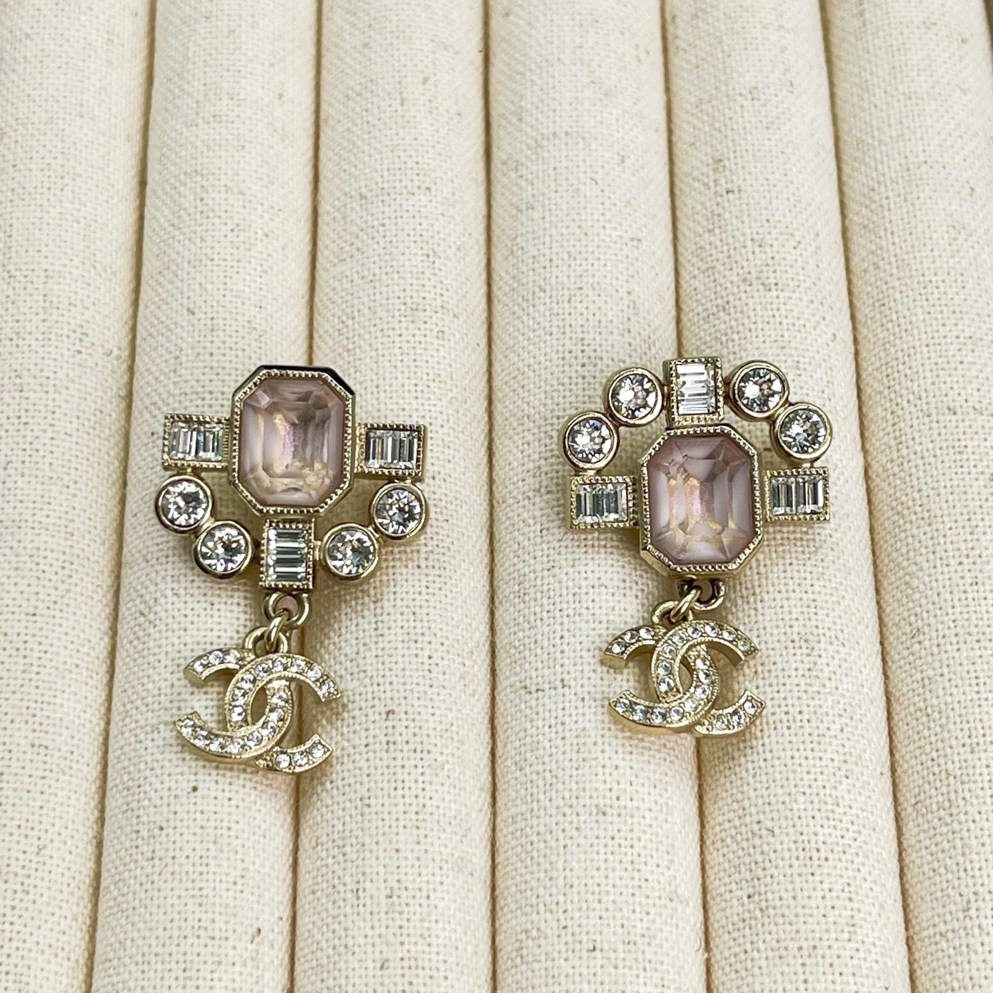 Chanel Light Gold Pink Rhinestone Asymmetrical CC Drop Earrings [Used]