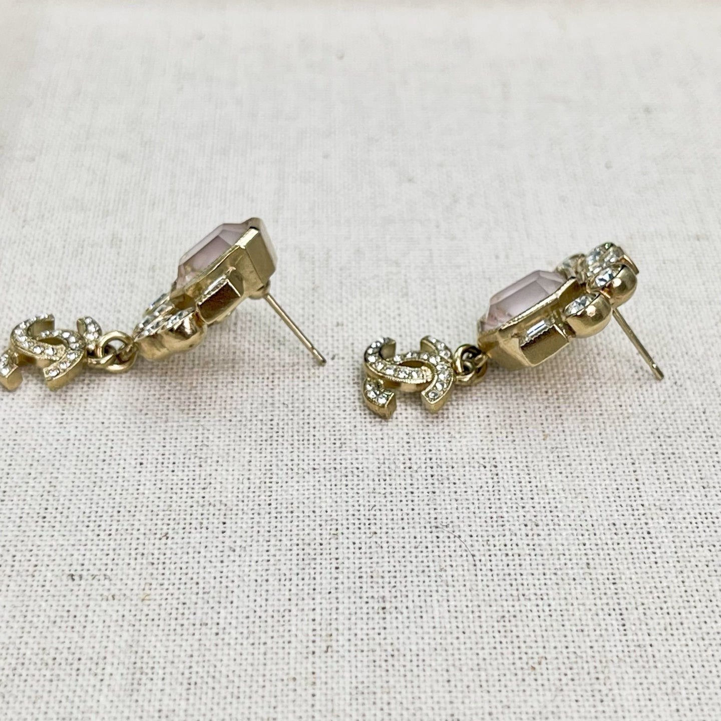 Chanel Light Gold Pink Rhinestone Asymmetrical CC Drop Earrings [Used]