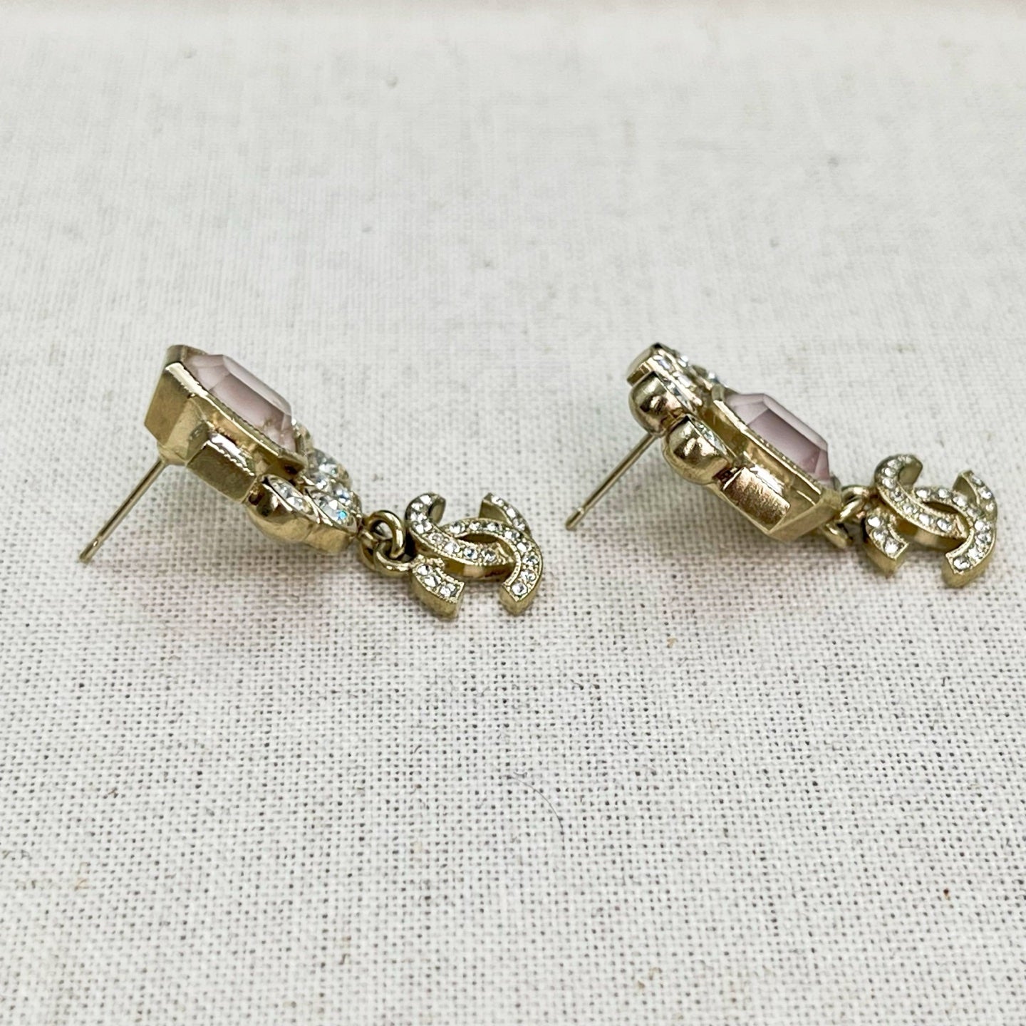 Chanel Light Gold Pink Rhinestone Asymmetrical CC Drop Earrings [Used]