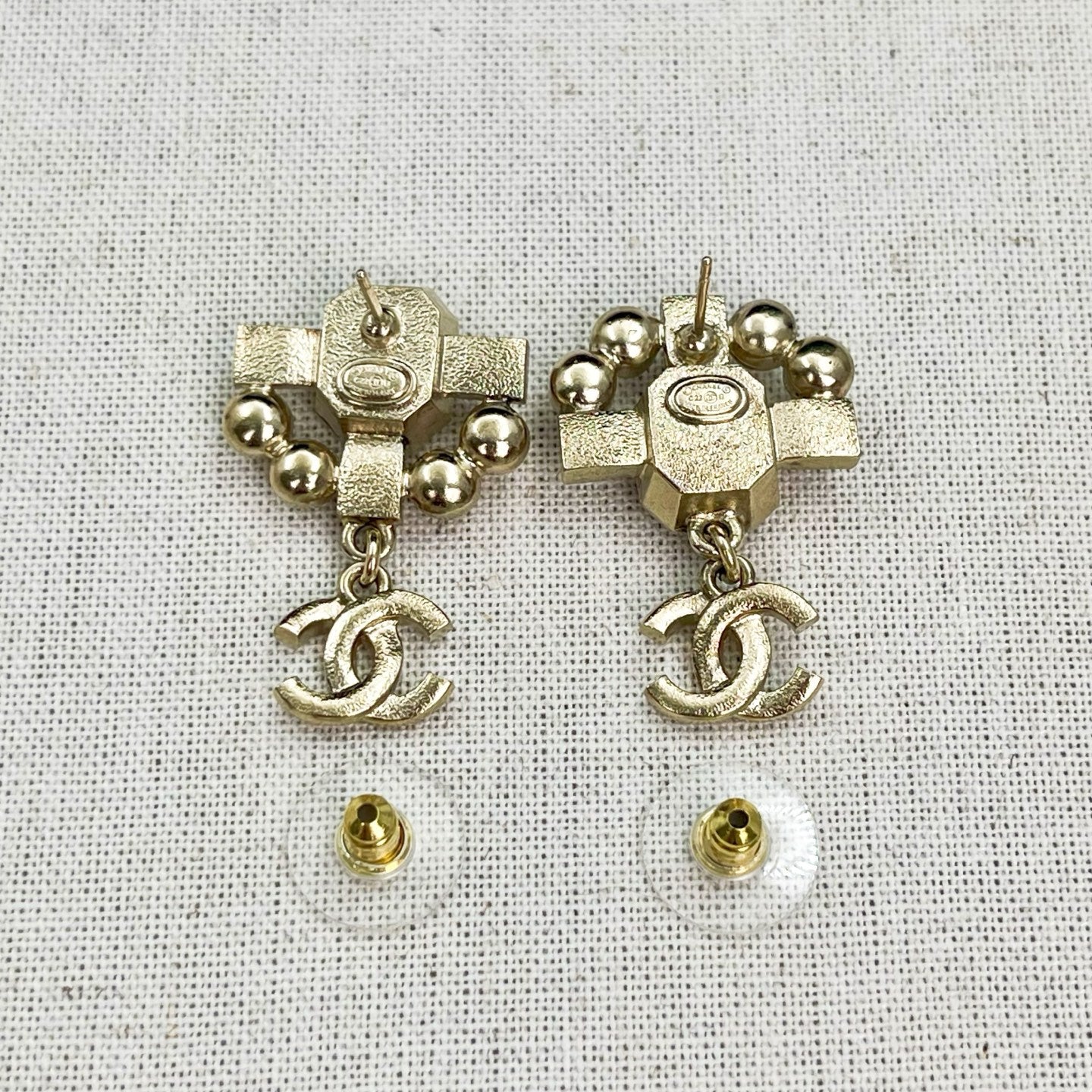 Chanel Light Gold Pink Rhinestone Asymmetrical CC Drop Earrings [Used]