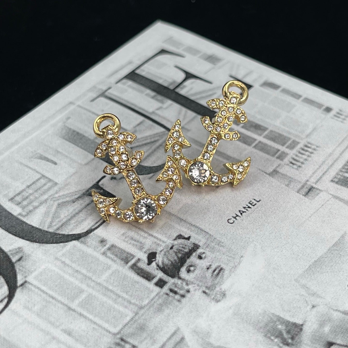 Chanel Gold Rhinestone Anchor CC Earrings [Used]