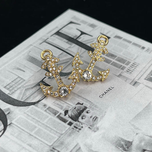 Chanel Gold Rhinestone Anchor CC Earrings [Used]