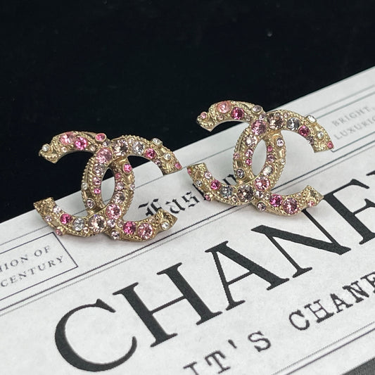Chanel Light Gold Pink & Clear Rhines tone CC Earrings [Used]
