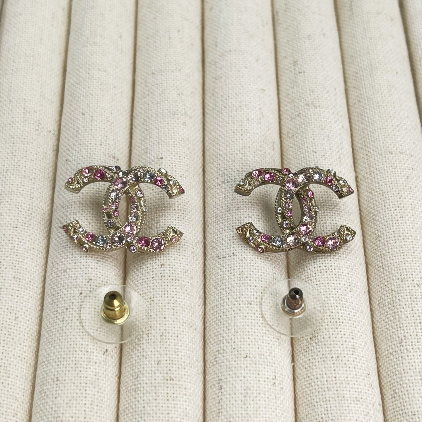 Chanel Light Gold Pink & Clear Rhines tone CC Earrings [Used]
