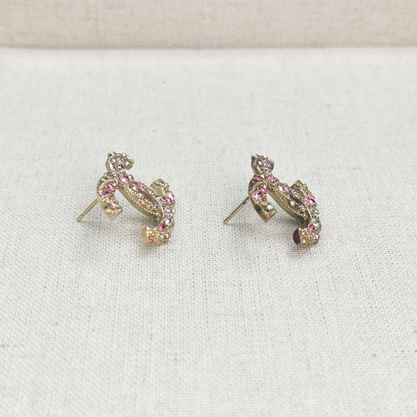 Chanel Light Gold Pink & Clear Rhines tone CC Earrings [Used]