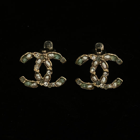 Chanel Light Gold Mixed Stone & Pearl CC Clip-On Earrings [Used]