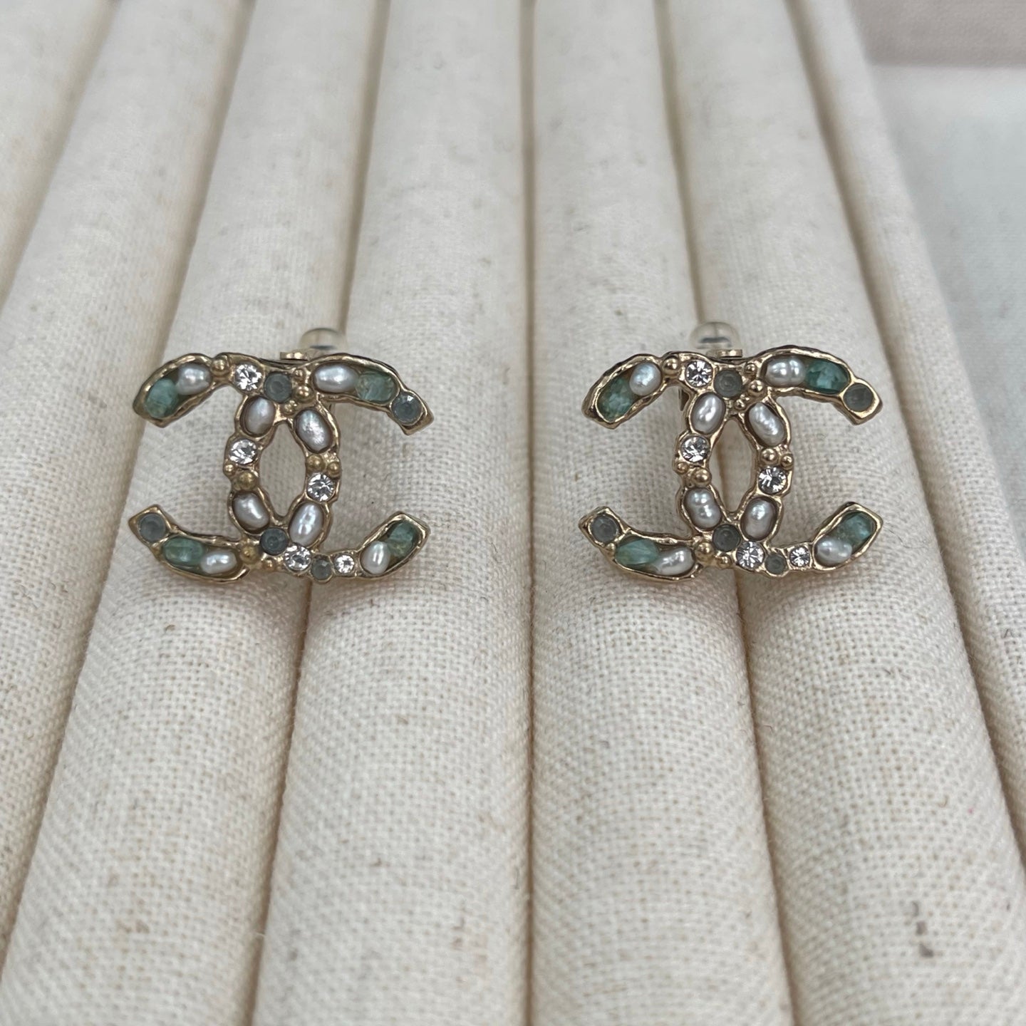 Chanel Light Gold Mixed Stone & Pearl CC Clip-On Earrings [Used]
