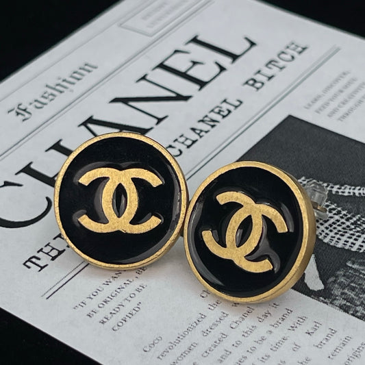 Chanel Black Gold CC Button Clip-On Earrings [Used]