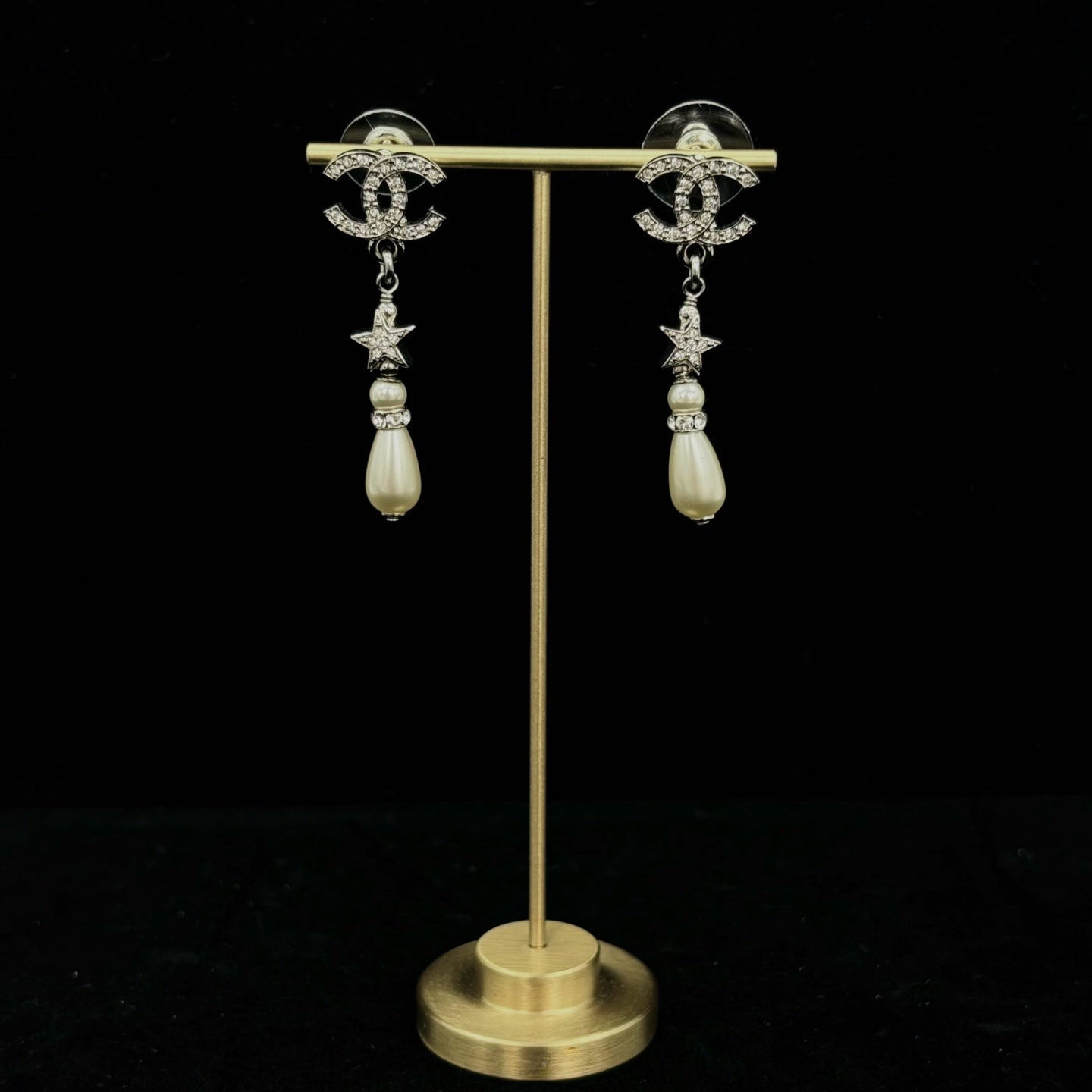 Chanel Silver Rhinestone CC Star & Pearl Drop Earrings [Used]