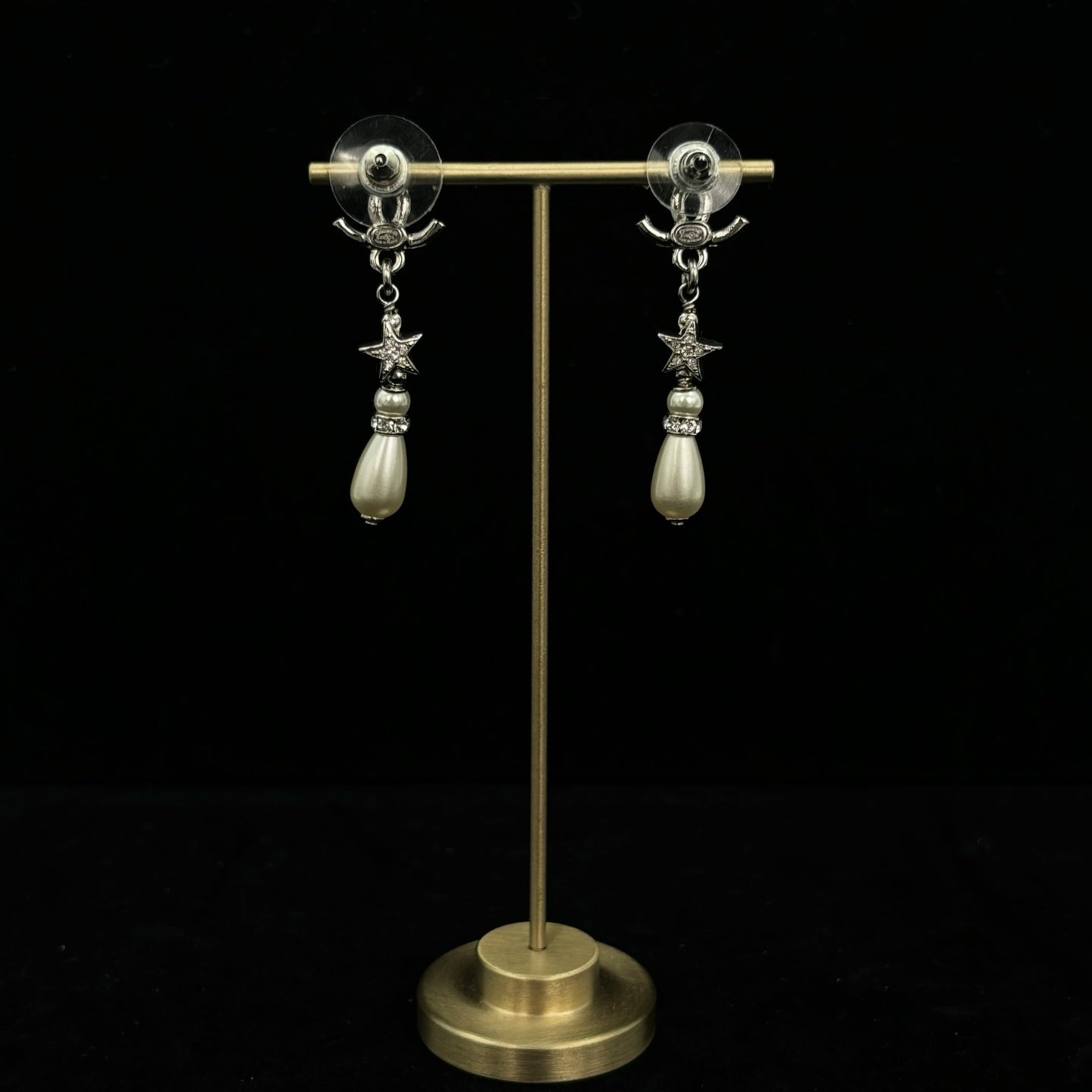 Chanel Silver Rhinestone CC Star & Pearl Drop Earrings [Used]