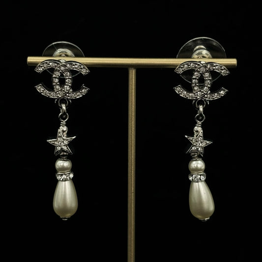 Chanel Silver Rhinestone CC Star & Pearl Drop Earrings [Used]