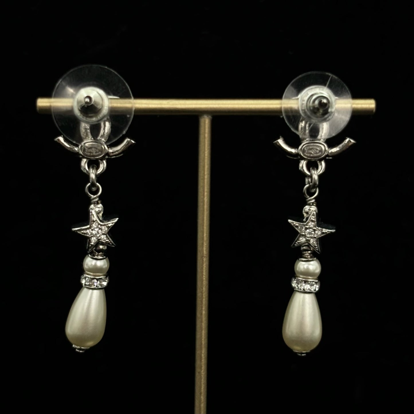 Chanel Silver Rhinestone CC Star & Pearl Drop Earrings [Used]