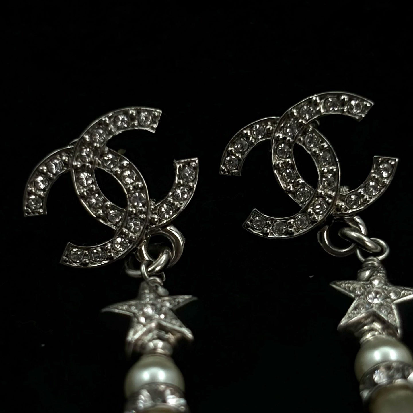 Chanel Silver Rhinestone CC Star & Pearl Drop Earrings [Used]