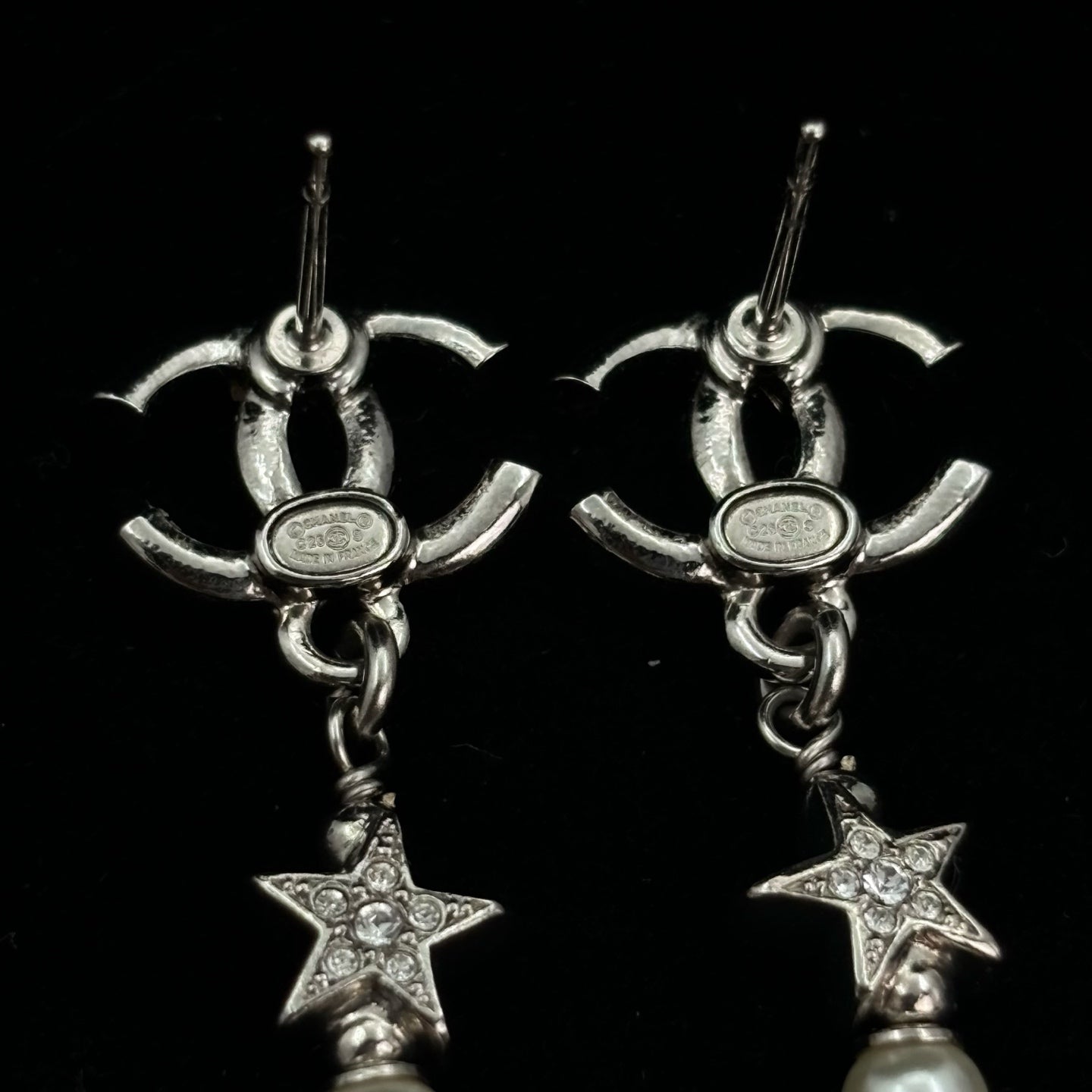 Chanel Silver Rhinestone CC Star & Pearl Drop Earrings [Used]