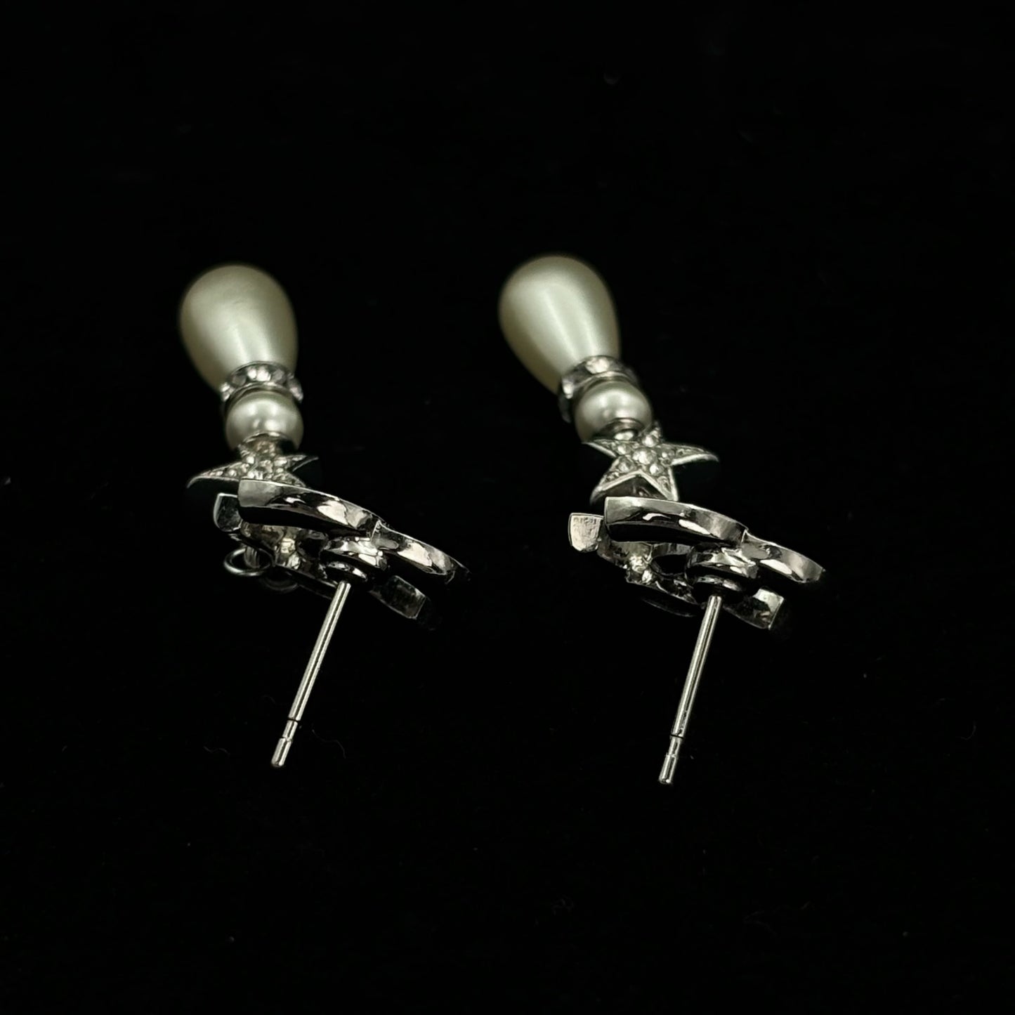 Chanel Silver Rhinestone CC Star & Pearl Drop Earrings [Used]