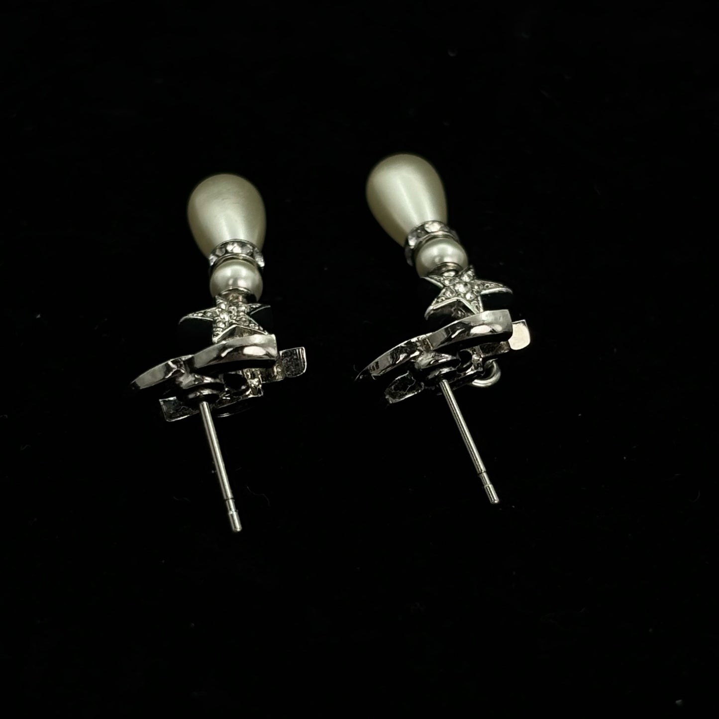 Chanel Silver Rhinestone CC Star & Pearl Drop Earrings [Used]