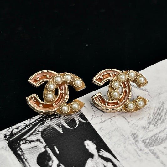 Chanel Light Gold Pink & Pearl CC Earrings [Used]