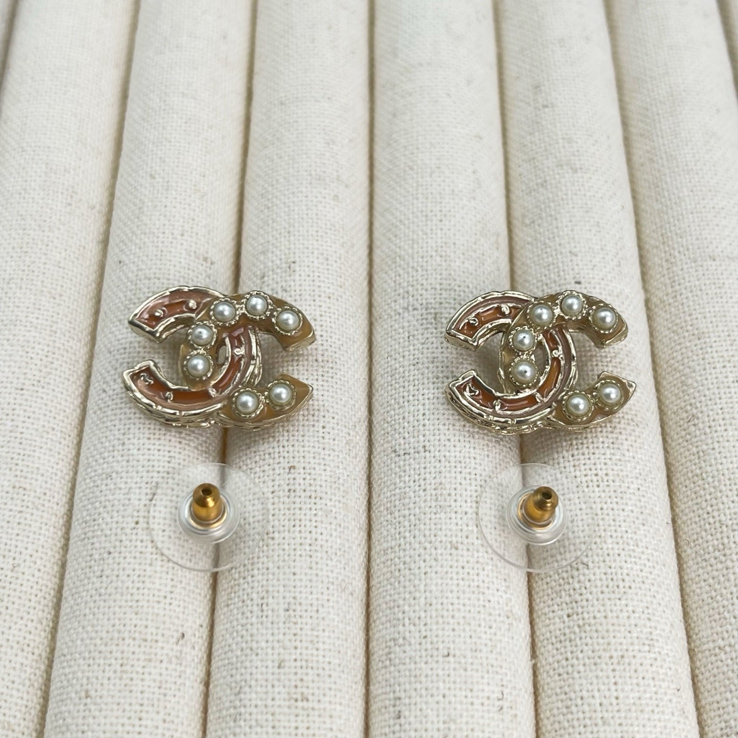 Chanel Light Gold Pink & Pearl CC Earrings [Used]
