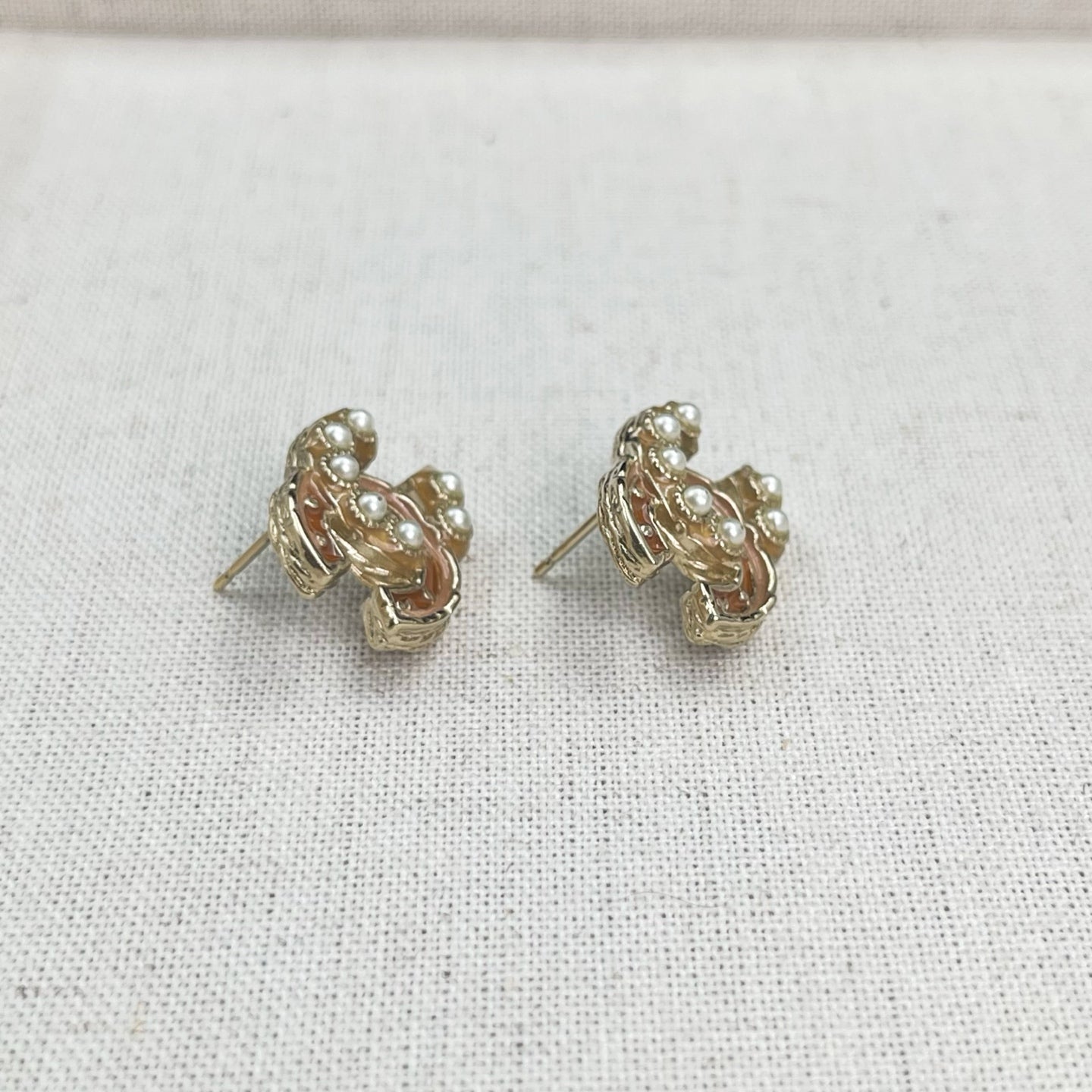 Chanel Light Gold Pink & Pearl CC Earrings [Used]
