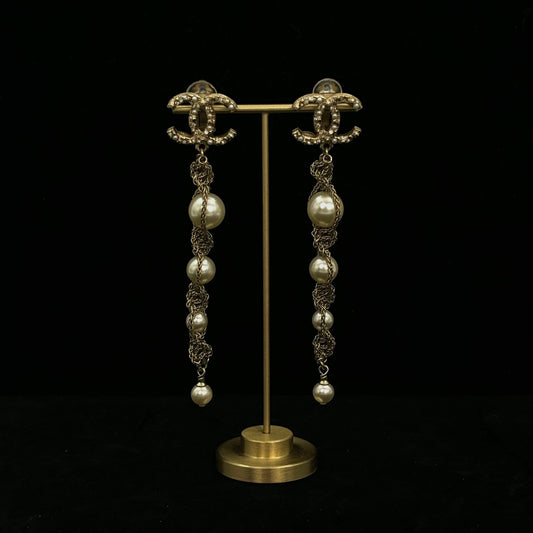 Chanel Gold CC Crystal & Pearl Clip-On Earrings [Used]