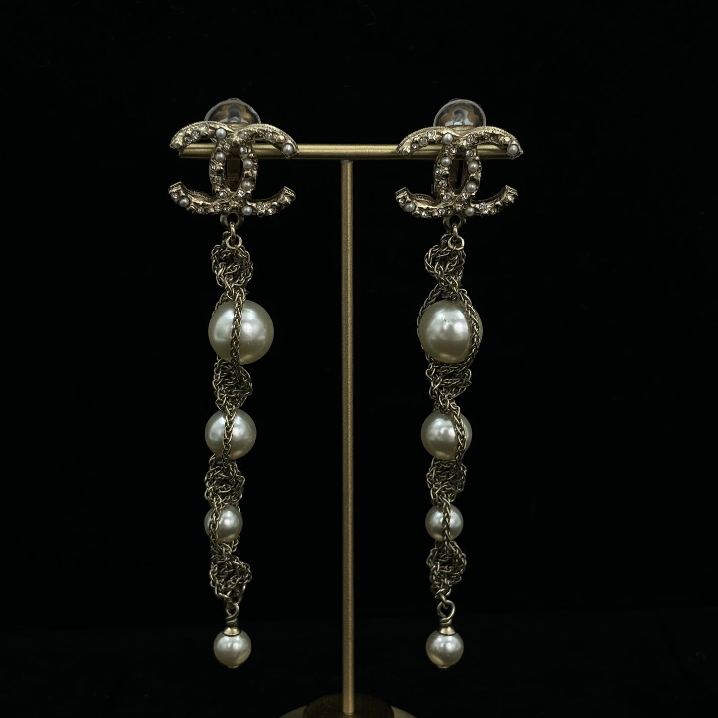 Chanel Gold CC Crystal & Pearl Clip-On Earrings [Used]