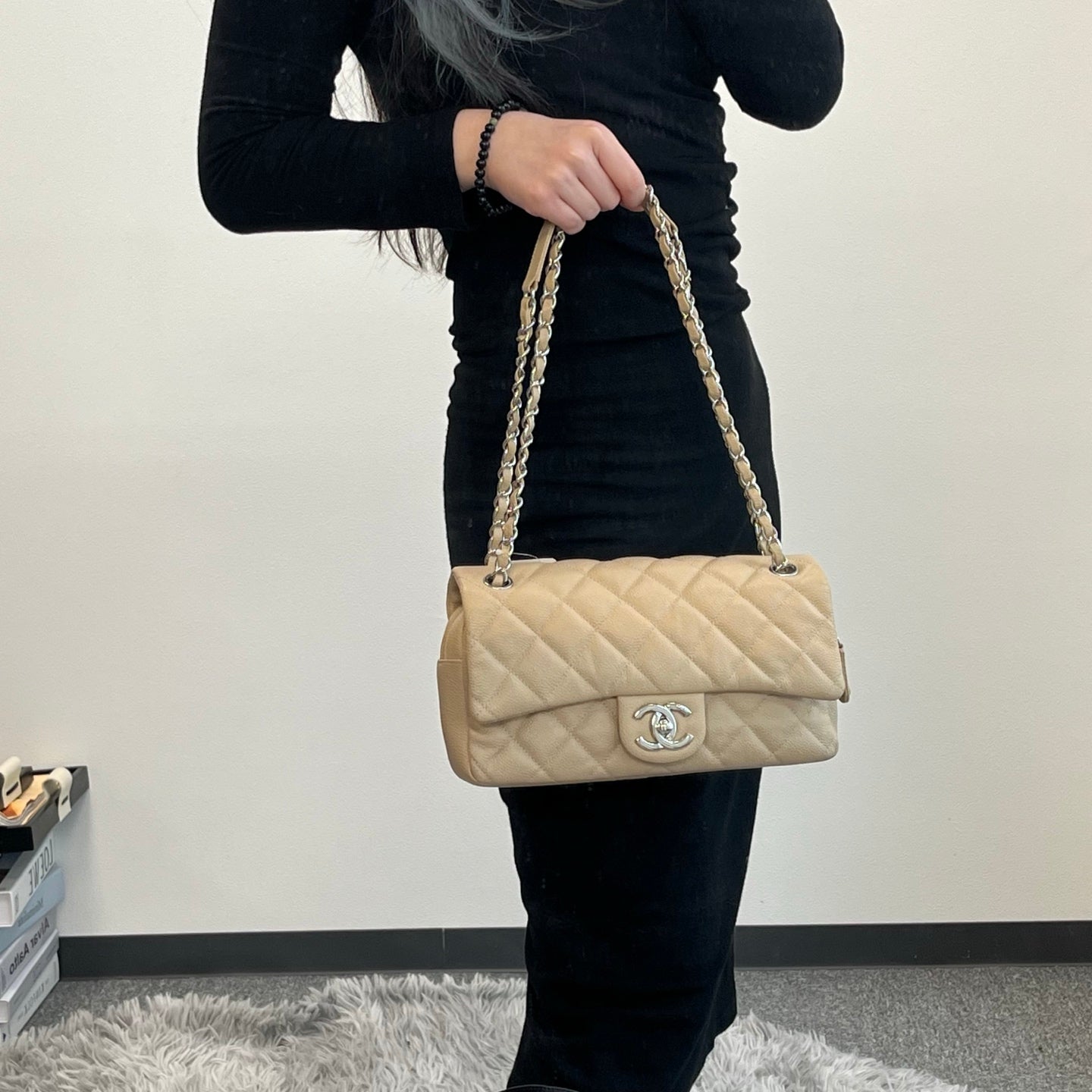 Chanel Beige Rectangular Caviar Classic Flap Bag [Used]