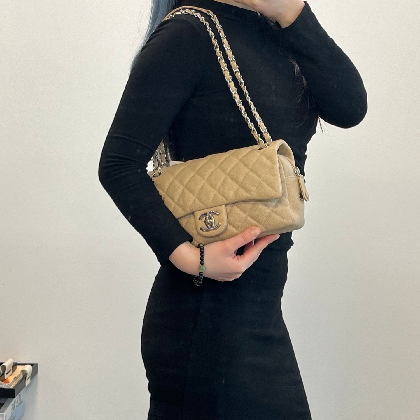 Chanel Beige Rectangular Caviar Classic Flap Bag [Used]