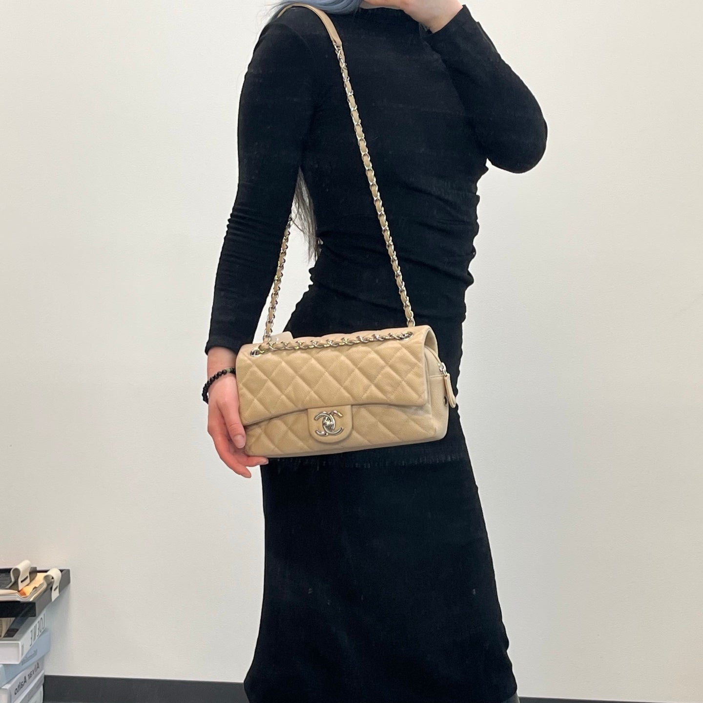 Chanel Beige Rectangular Caviar Classic Flap Bag [Used]