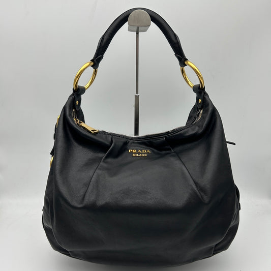 Prada Black Leather Ring Handle Hobo Shoulder Bag [Used]