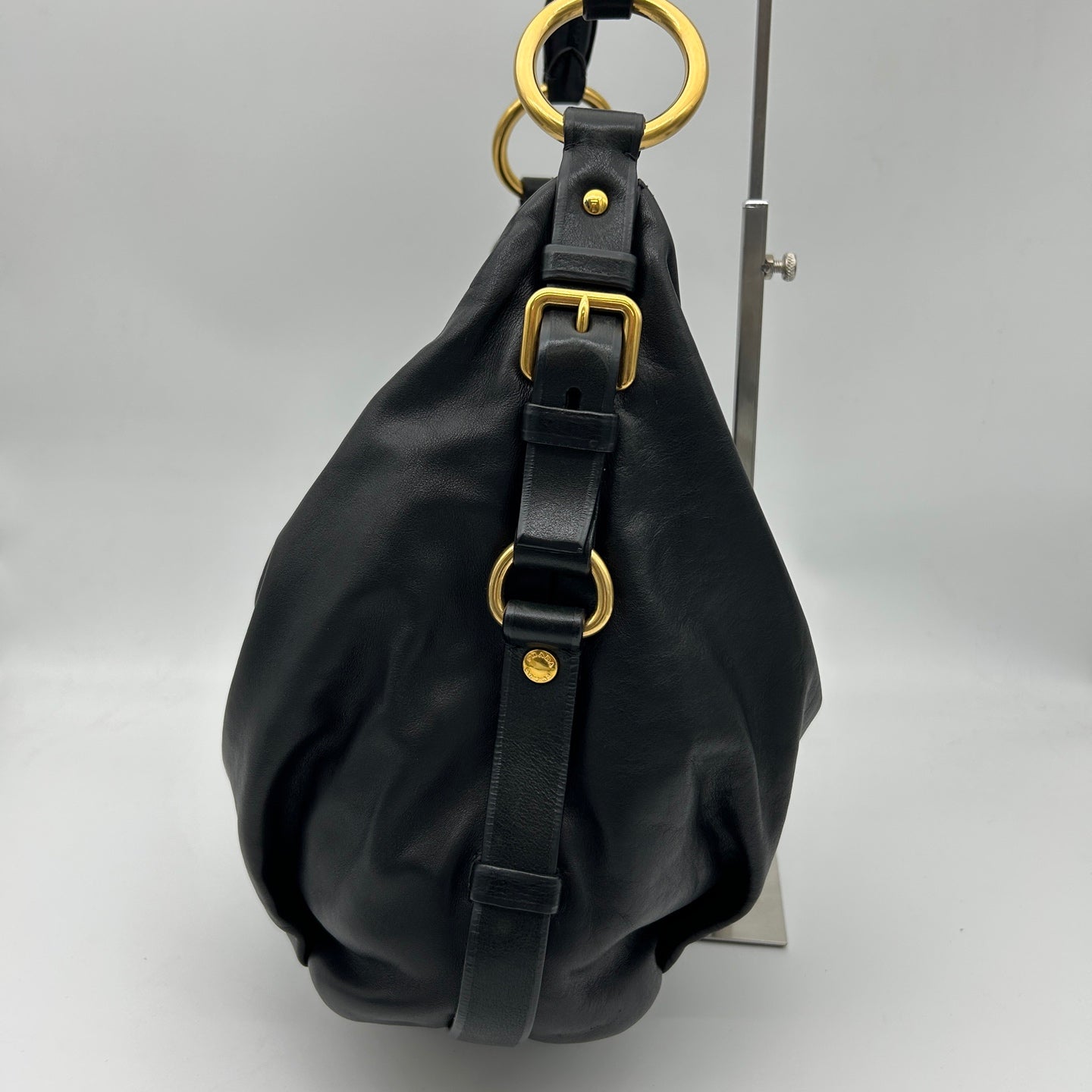 Prada Black Leather Ring Handle Hobo Shoulder Bag [Used]