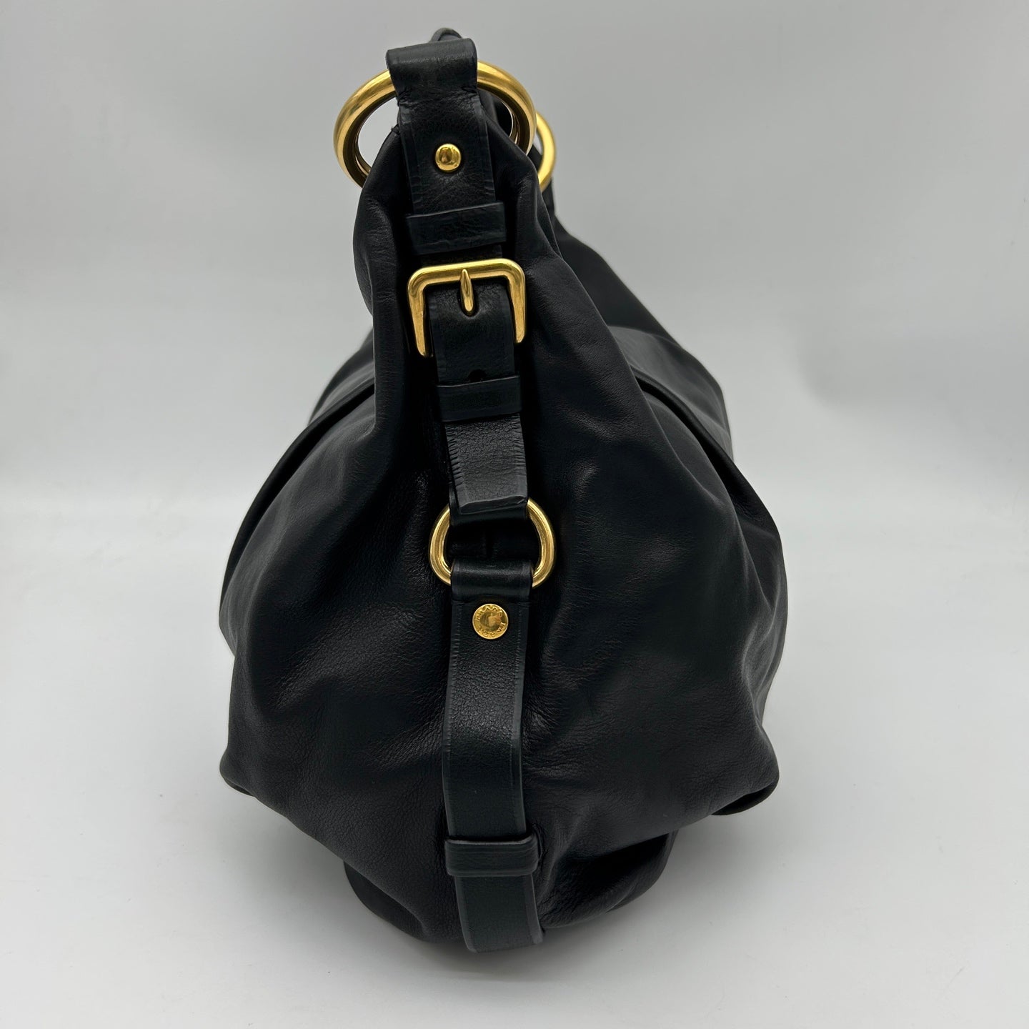 Prada Black Leather Ring Handle Hobo Shoulder Bag [Used]