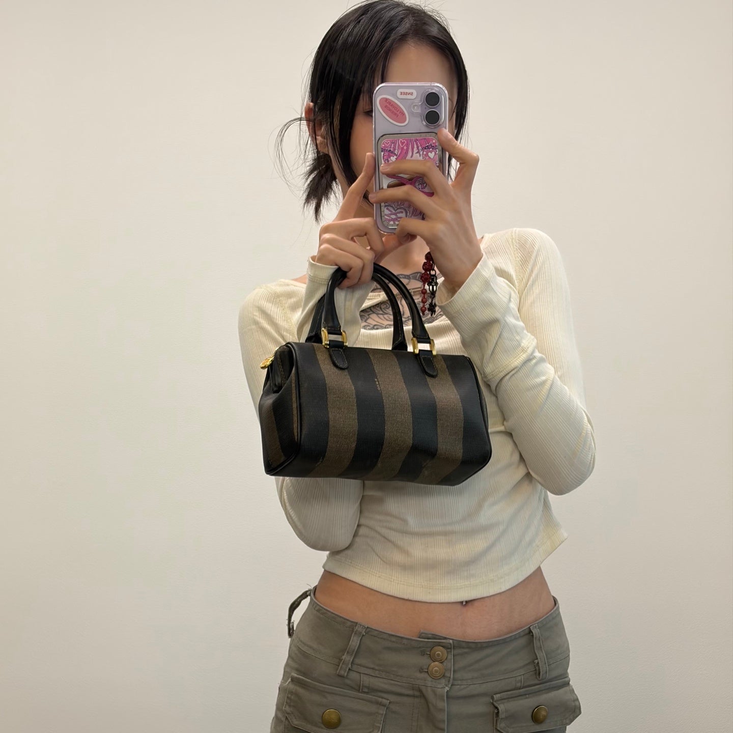 Fendi Brown Striped Mini Boston Handbag [Used]