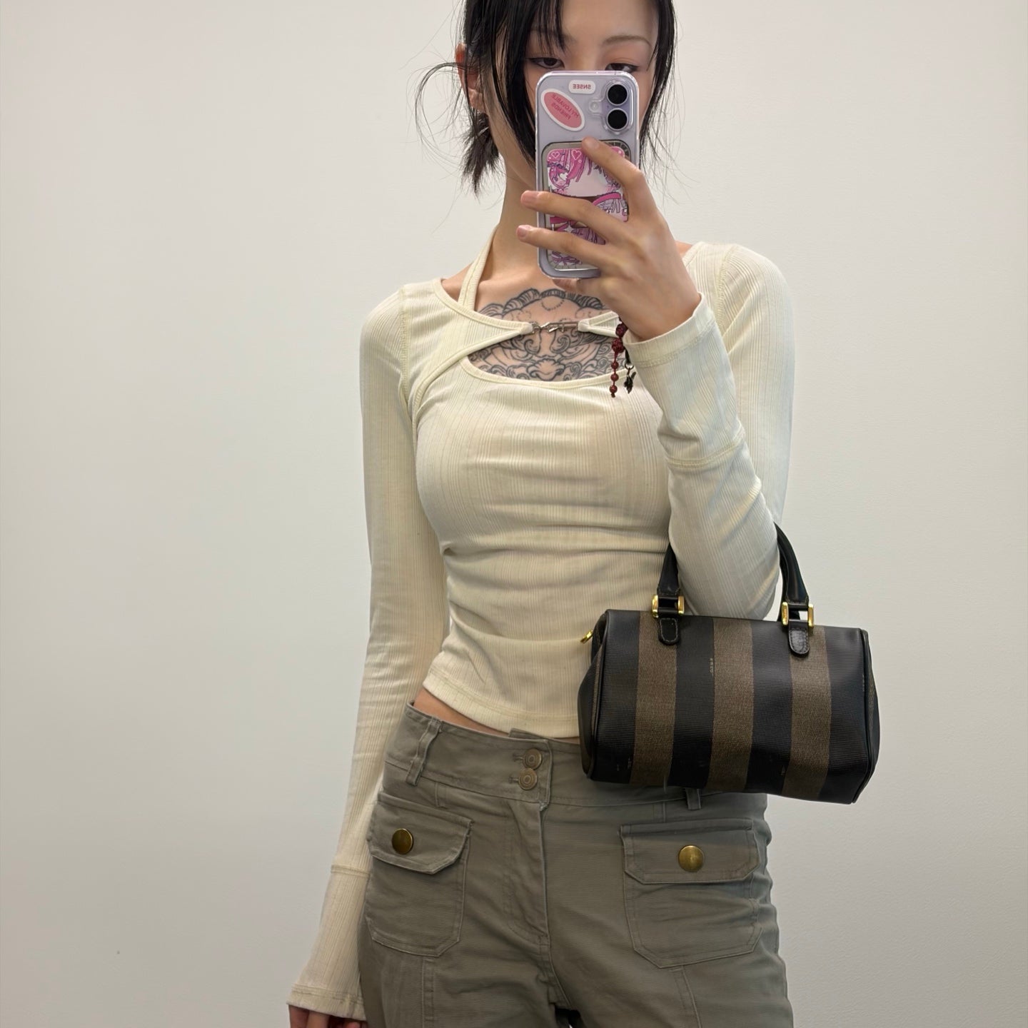 Fendi Brown Striped Mini Boston Handbag [Used]