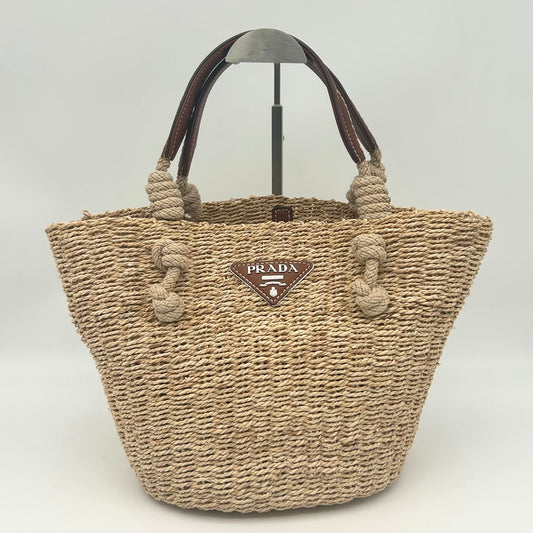 Prada Beige Triangle Logo Raffia Tote Bag [Used]