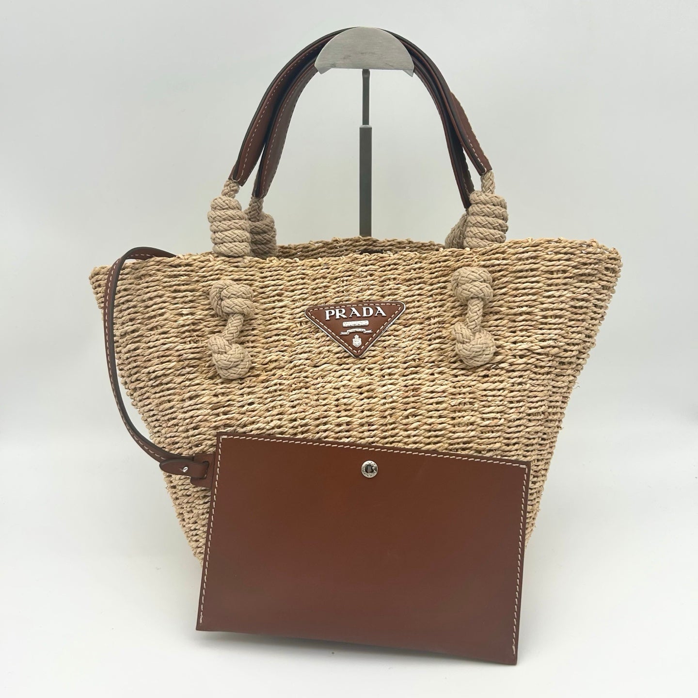 Prada Beige Triangle Logo Raffia Tote Bag [Used]