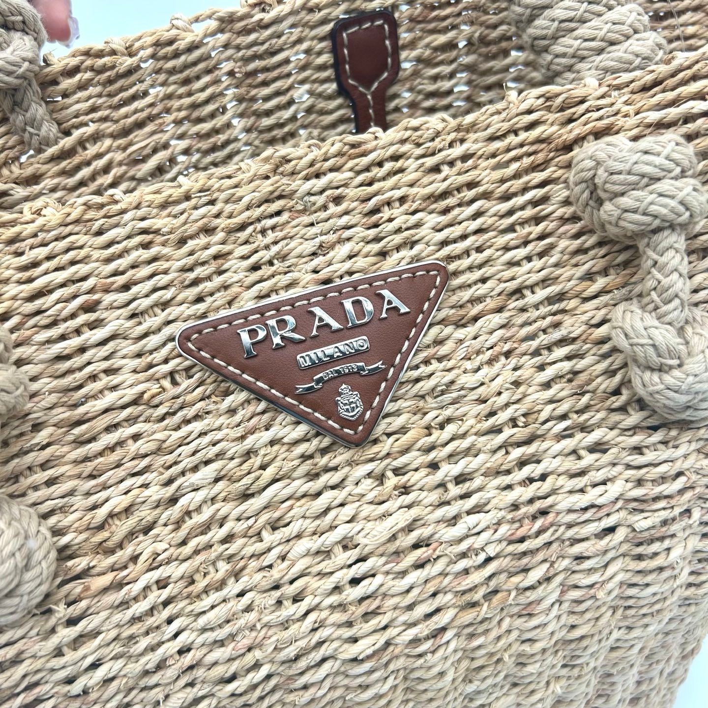 Prada Beige Triangle Logo Raffia Tote Bag [Used]